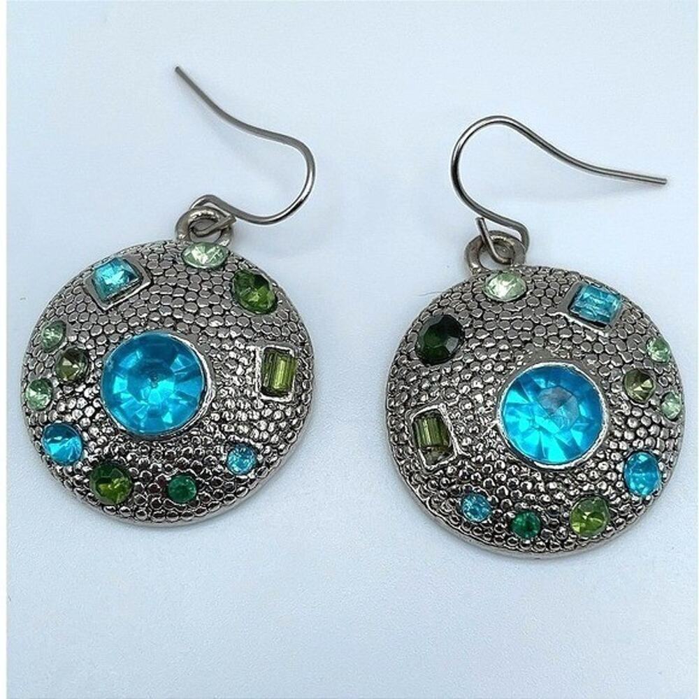 Vintage 80s Locke Silver Tone Blue Green Hook Dangle Earrings Jewelry Statement